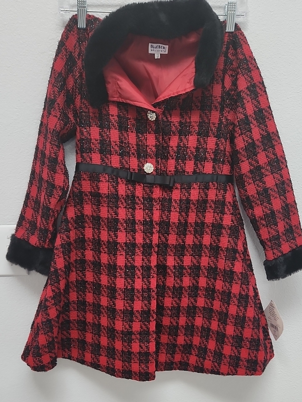 Blueberi Boulevard Red & Black Plaid Coat Dress with Faux Fur Trim- 2 Piece Set